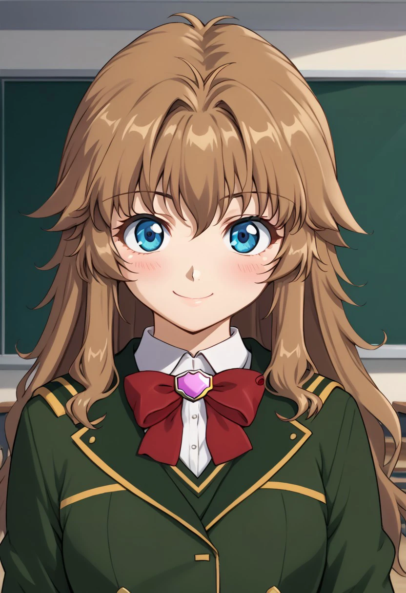 score 9, score 8 up, score 7 up, mobile suit gundam 00, chall acustica, 1girl, solo, blue eyes, long hair, school uniform, smile, brown hair, bow, upper body, jacket, looking at viewer, blush, red bow, shirt, bowtie, green jacket, red bowtie