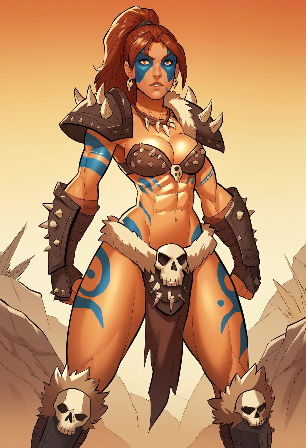 score_9, score_8_up, score_7_up, score_6_up, bbp-dh BREAK, 1girl, long hair, tattoo, armor, earrings, shoulder armor, pauldrons, ponytail, muscular, abs, midriff, bikini armor, tribal, necklace, facepaint, cleavage, spikes, toned, gloves, gauntlets, loincloth, skull, fur trim, facial tattoo, greaves, vembraces <lora:Artist_Style_-_Bad_Boy_Pool_JAB_PDXL:0.8> <lora:add-detail-xl:0.3>  <lora:D4BarbPony:0.7>