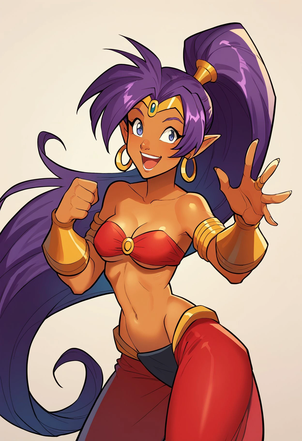 score_9, score_8_up, score_7_up, score_6_up, bbp-dh BREAK, happy, cheering, defShan, pointy ears, very long hair, purple hair, ponytail, tan skin, circlet, hoop earrings, bare shoulders, red bandeau, red harem pants, gold bracers, oasis  <lora:Artist_Style_-_Bad_Boy_Pool_JAB_PDXL:0.8> <lora:add-detail-xl:0.3>  <lora:shantae-pdxl-nvwls-v1:0.7>