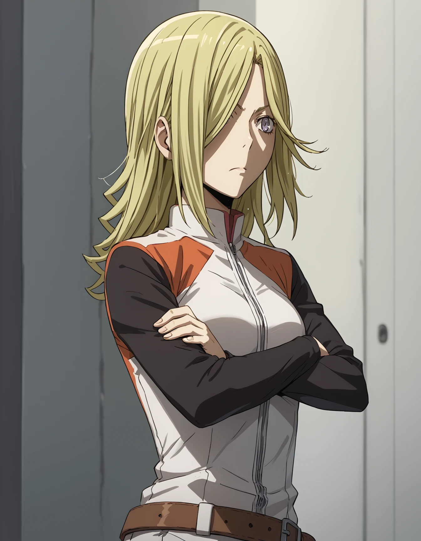 <lora:Vorona Durarara-000002:1>,  vorona durarara, 1girl, solo, white biker suit, black sleeves, belt, arms crossed, score_9, score_8_up, score_7_up, source_anime,