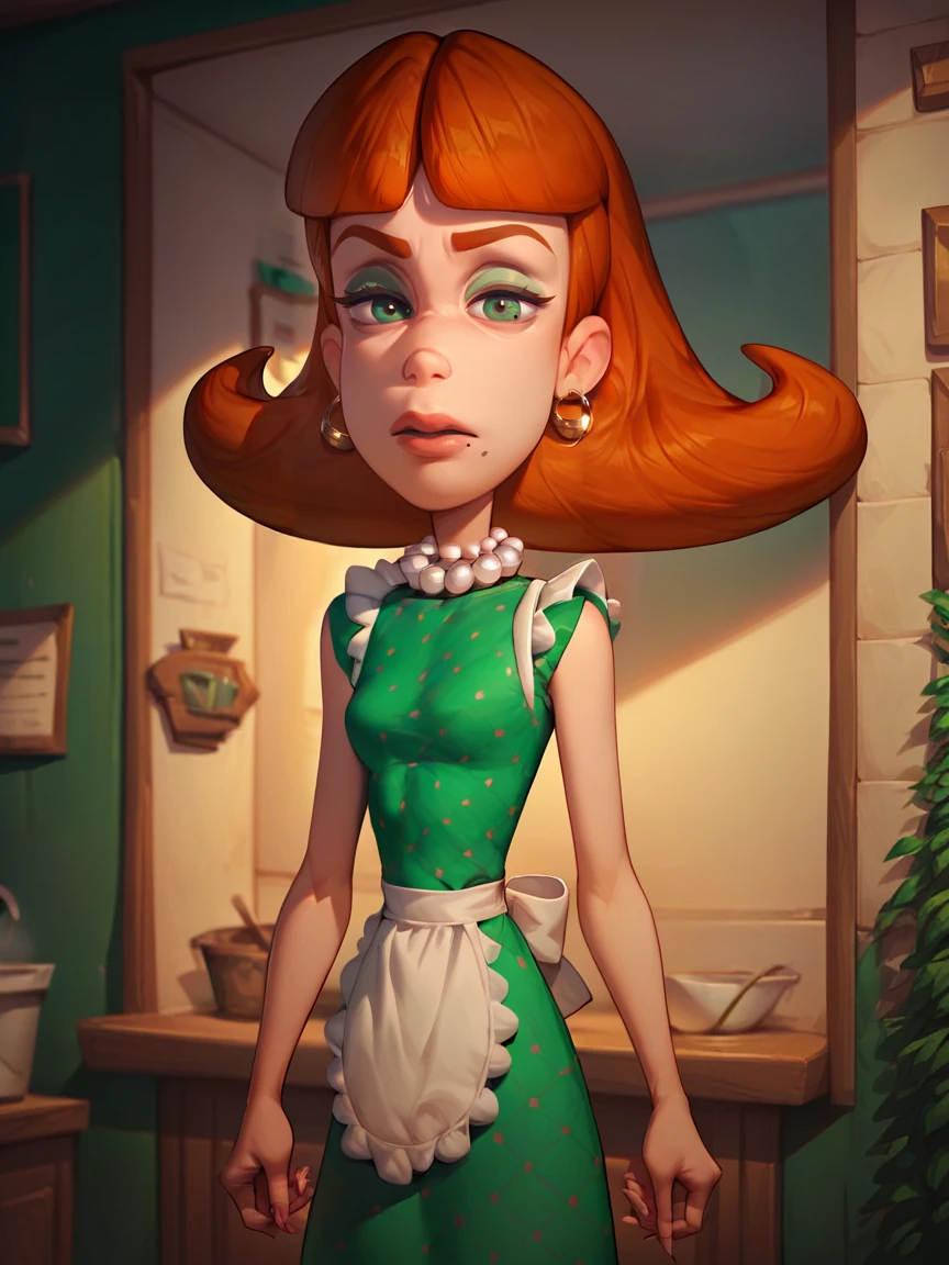 score_9, score_8_up, score_7_up, score_6_up, score_5_up,  <lora:judyneutronXLP:1> judy neutron, 1girl, green eyes, solo, orange hair, mole under mouth, green dress, apron, pearl necklace