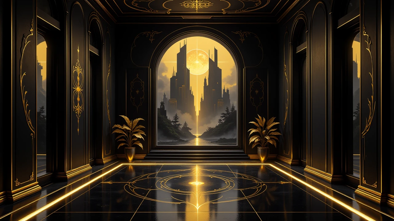 interior of a futuristic obsidian room with elegant gold trim adorning the area with beautiful designs, silohouettes of tall dystopian skyscrapers can be seen through the window as golden moonlight shines in, golden ratio, dutch angle, night time,