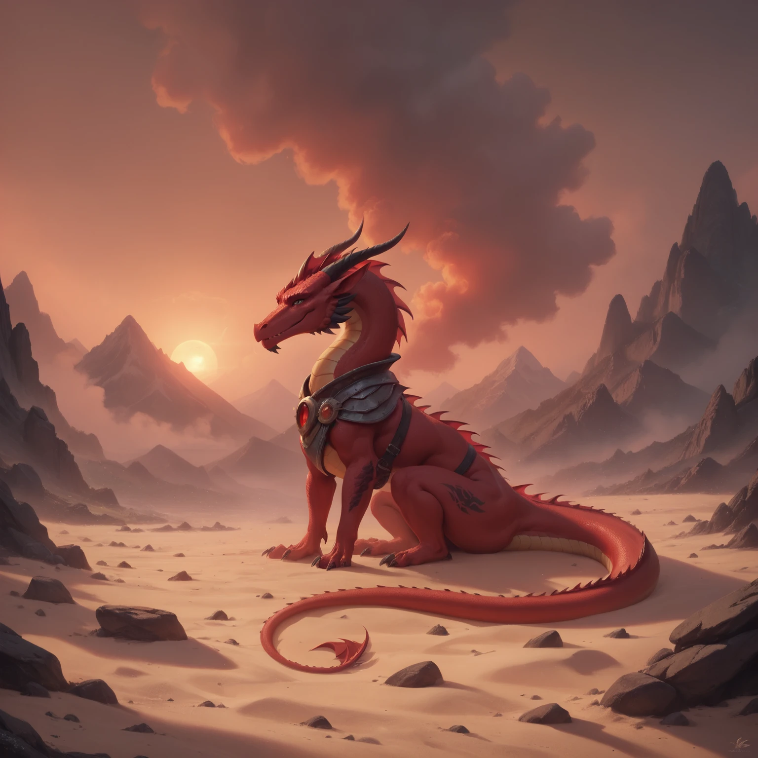 red dragon, sitting, mountain peak, red theme, sand, black craggy mountains, black stones, desolate landscape, mountain, setting sun, <lora:ponyfire:1>, elementalplanefire, red dragon, BREAK score_9, score_8_up, score_7_up, best quality, masterpiece, 4k, prefect lighting, very aesthetic, zPDXL2