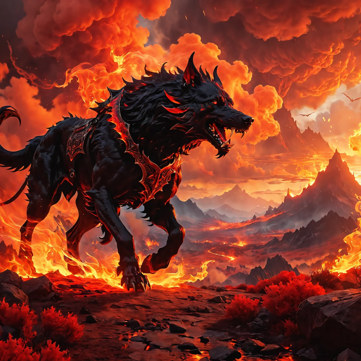 Role-playing game (RPG) style fantasy (a hellhound: 1.1), (is patrolling through the elemental plane of fire: 1.1), on fire, red theme, setting sun, cloudy sky, red clouds, red smoke, black craggy mountains, <lora:fireSDXL:1>, elementalplanefire, best quality, masterpiece, 4k, uncensored, prefect lighting, rating_explicit, very aesthetic, detailed, <lora:add_details_xl:0.6>, very detailed, <lora:SDXLHighDetail_v5:0.6> . Detailed, vibrant, immersive, reminiscent of high fantasy RPG games