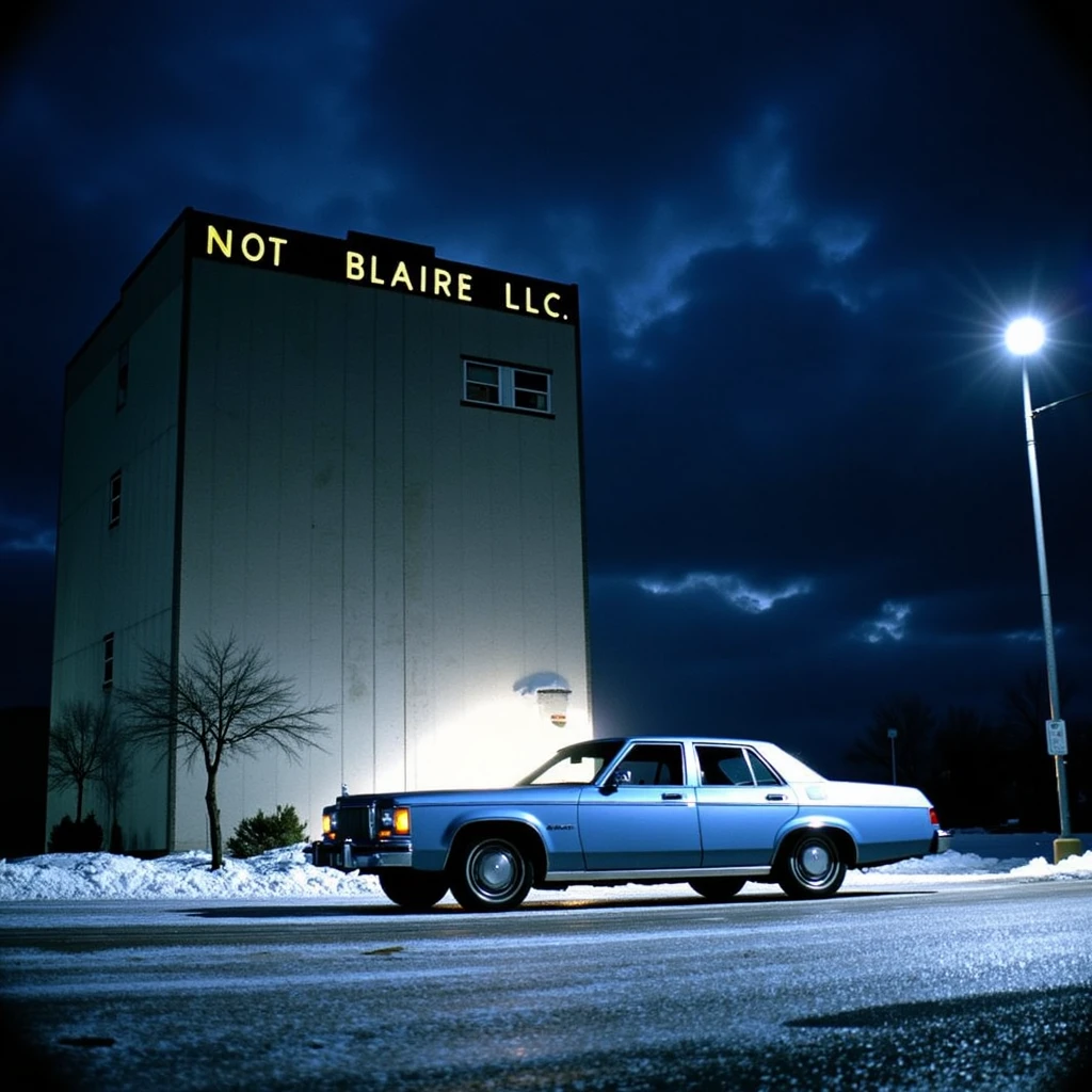 KDCRM style film photo, film grain, a blue car parked in front of a big windowless building, sign on the building with the text 'NOT BLAIRE LLC', there is snow on the ground and dark cloudy sky, a single streetlamp casts light down onto the blue car, night time, photo by wes anderson