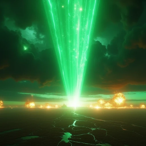 an orbital attack from the sky, huge green beam ray strucking the ground with explosions and fire, dark cloudy sky opened by the ray with a light shockwave, white lighted horizon, ground cracked up bu the strike