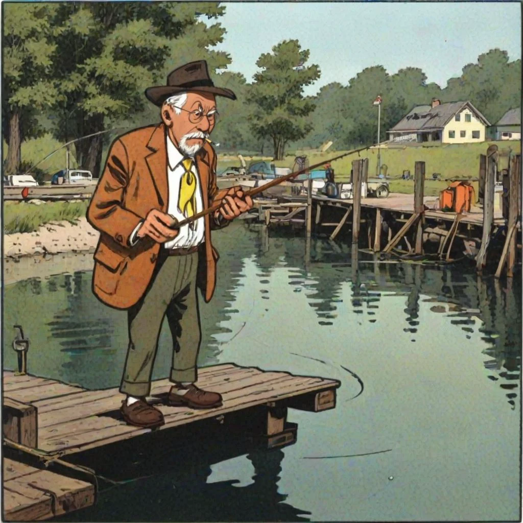 old man fishing at the dock, solo, smoking  <lora:GilJordan:1> comic book stye