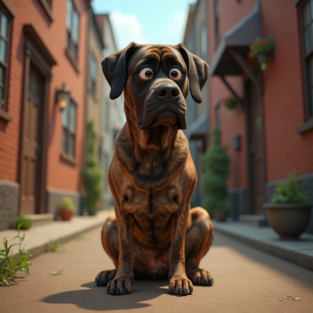 Brindle English Mastiff. 3D animated cartoon character. Disney Pixar. Background is a grungy city back alley