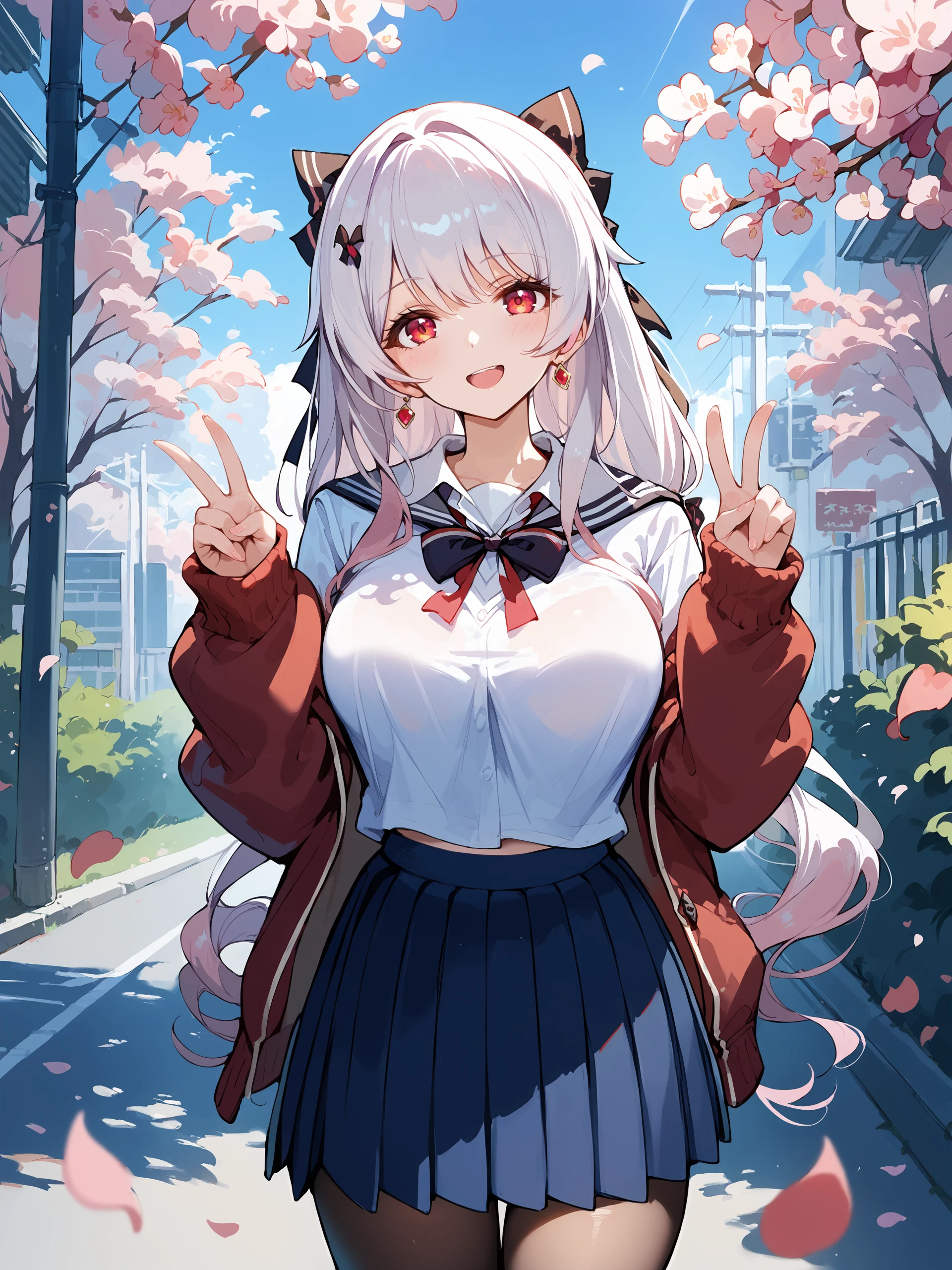score_9, score_8_up, score_7_up, source_anime, 1girl, theresa apocalypse, solo, hair bow, school uniform, white shirt, sweater, pleated skirt, pantyhose, light smile, double v, looking at viewer, smile, open mouth, outdoors, street, cherry blossoms, petals, depth of field <lora:Char-Honkai-Theresa-Pony-V1:0.9>