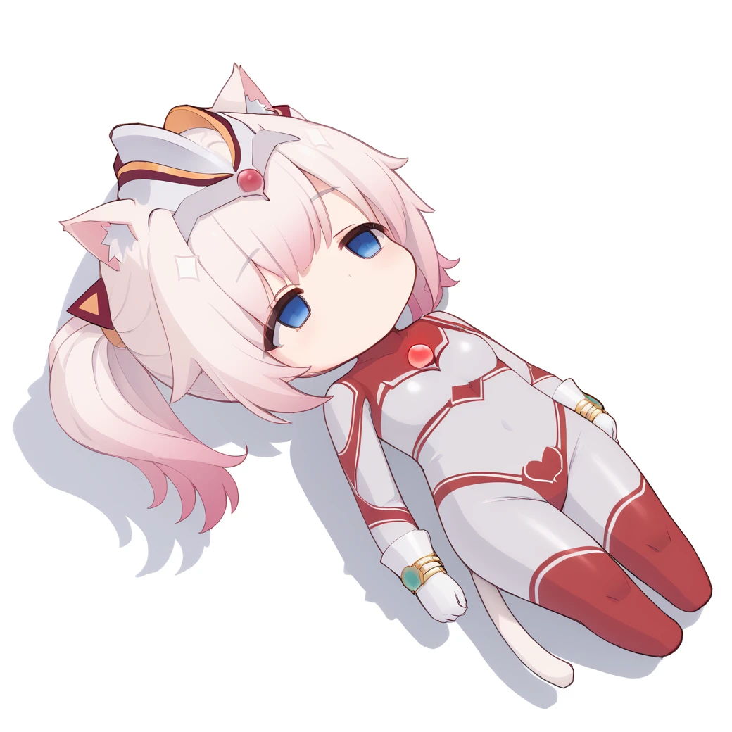 <lora:JunNeko-000009 (1):0.9>,junneko,twintails,white hair,cat tail,cat ears,headgear,chest jewel,blue eyes,gradient hair,pink hair,
red jewel,white gloves,bracelet,body markings,bodysuit,
1girl,solo,
QiqiFallen,lying,on back,chibi,<lora:QiqiFallen_XLPD>,exhausted,full body,empty eyes,, score_9,score_8_up,score_7_up,source_anime,best quality,masterpiece,uncensored,detailed eyes,<lora:add-detail-xl:0.7>