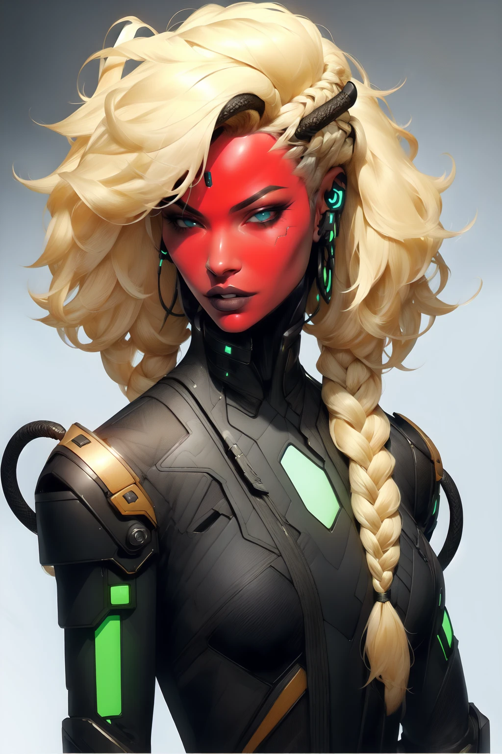 woman with big braided blonde hair is wearing futuristic rfktr cyberpunk techwear outfit, high quality, masterpiece, <lora:fashionistanew:1>