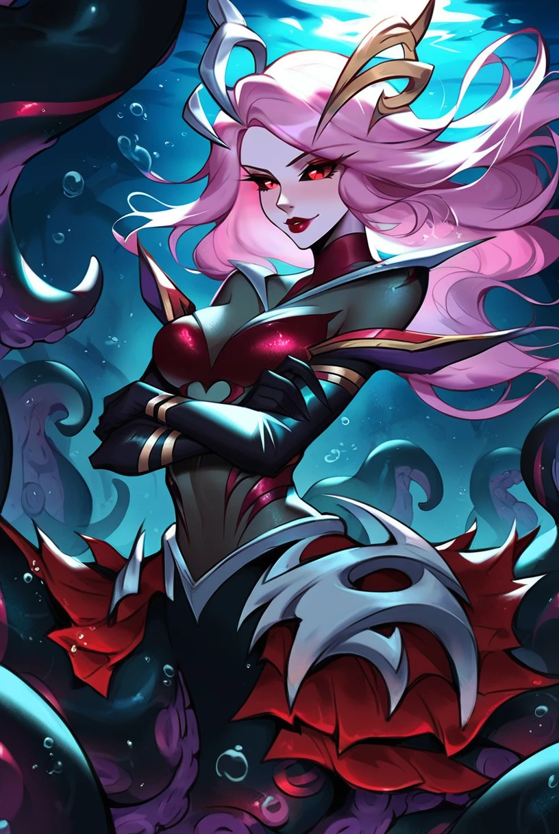 score_9, score_8_up, score_7_up, c0venn4mi, coven nami, 1girl, monster girl, red eyes, colored sclera, black sclera, (tentacles:1.2), bodysuit, long hair, pink hair, red lips, makeup, gloves, elbow gloves, 
<lora:Manwha_Anime_Style:0.65>, underwater, bubble, water, solo, ((night)), full body, ((octopus girl, scylla)), <lora:Nami_Coven_v2:0.95>, crossed arm, manhwastyle, backlight