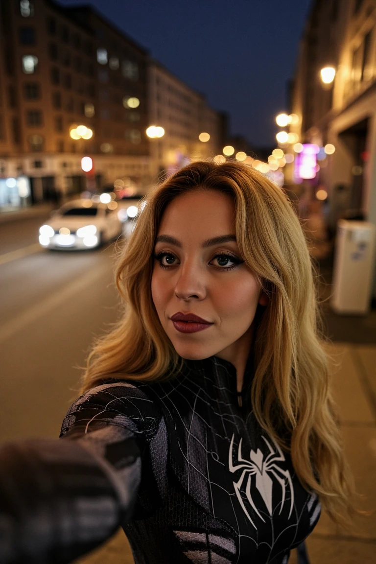 a wide angle high angle selfie of a blonde Sydney Sweeney with wavy hair and makeup wearing a black SymbioteSuit downtown at night with her lips parted and looking directly at the camera 
<lora:Symbiote1500:1> <lora:sydneySweeneyFlux:1>