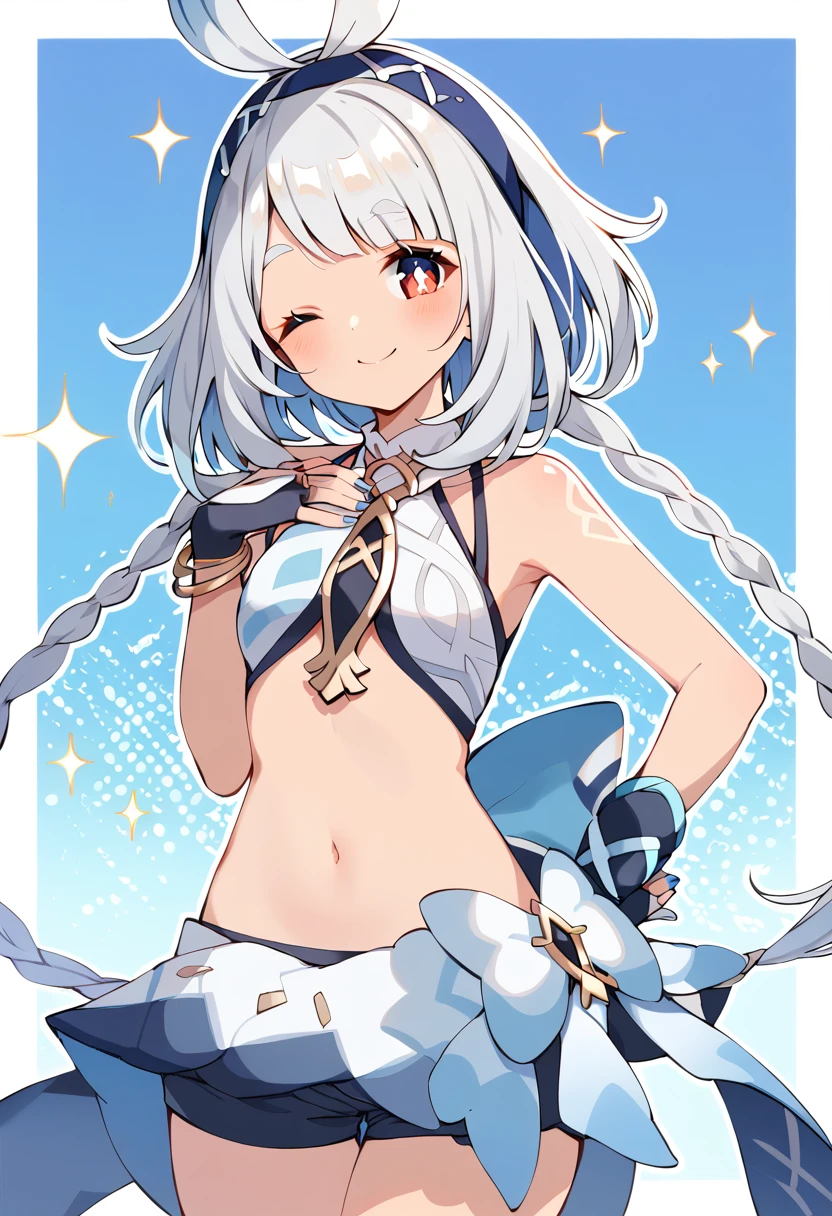 score_9, score_8_up, score_7_up, BREAK
mualani \(genshin impact\), 1girl, one eye closed, solo, red eyes, navel, white hair, hand on hip, looking at viewer, smile, bare shoulders, twin braids, :3, hair ornament, midriff, small breasts, hand on own chest, ;3, cowboy shot, blue background, very long hair, short hair, closed mouth, sparkle background, dark-skinned female, twintails, sidelocks, blush, black gloves, ahoge, standing, hand up, tattoo, thighs, short shorts, black hairband, silver hair, stomach, braided ponytail, blunt bangs, headband, black shorts, bikini, outline, crop top, simple background, two-tone background, white border, white outline, border, armband, sleeveless, white background, bikini top, showgirl skirt, underwear, bright pupils, bracelet, short hair with long locks, armlet, detached collar, halterneck, miniskirt, outside border, eyebrows visible through hair, halter top, partially fingerless gloves, necktie, hairclip, blue nails, detached sleeves, white skirt, symbol-shaped pupils, bridal gauntlets, thick eyebrows, eyebrows behind hair, hand on own hip, white gloves, grey hair, white pupils, blue bow, tan, blue skirt, blue hairband, white bow
<lora:mualani_genshin_impact_sdxl_locon_pony_v1:0.7>