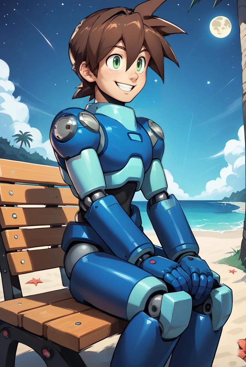 score_9, score_8_up, score_8, <lora:Rock_Volnutt_Mega_Man_Legends_for_PonyXL:0.8> 1boy, m3g4m4n, male focus, brown hair, green eyes, solo, android, hair between eyes
outdoors, beach, moon, stars, night, sitting on bench, smile