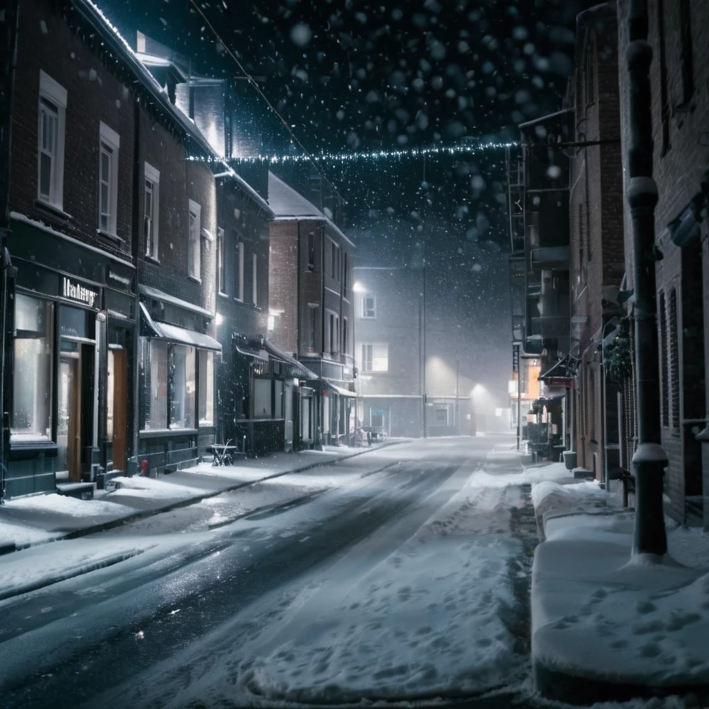 A realistic photo of a street with falling snow at night, snowing, no-humans, winter, wind, hvsnw, <lora:Heavy_Snow:1>. Highest quality, best resolution, epic cinematic lighting