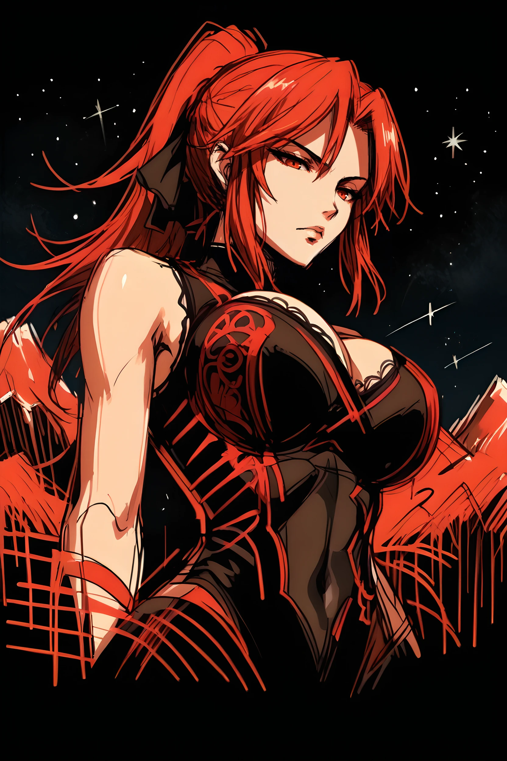 score_9, score_8_up, score_7_up, solo,
red sketch, black background, black theme, monochrome, sketch,
<lora:Navi_WrathStrokes_PonyXL_S1:1.2>
outdoors, stars,
SDAgnis, red eyes, expressionless, half-lidded eyes, looking down at viewer, upper body, low-angle view, side view, mountain, valley,
ponytail, hair ribbon,
large breasts,
black leotard, covered navel, sheer covered cleavage, sleeveless, skin tight, lace trim,
<lora:SDAgnis-10:0.7>