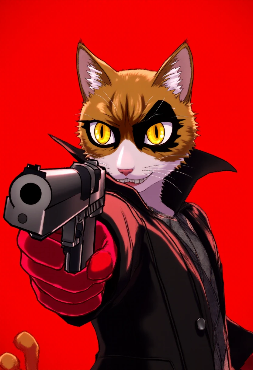 p5style, a cat aiming a pistol at the viewer. Text at top of image clearly reads: "Persona 5 Style" . Pop punk red background.   