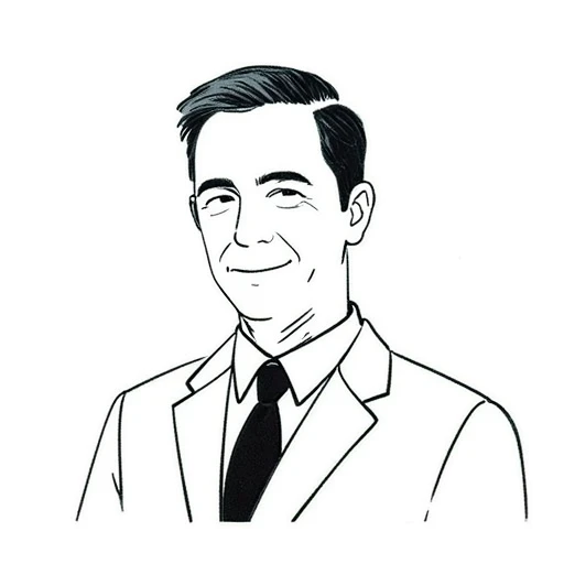 The image shows a black and white drawing of a man wearing a suit and tie against a white background.
