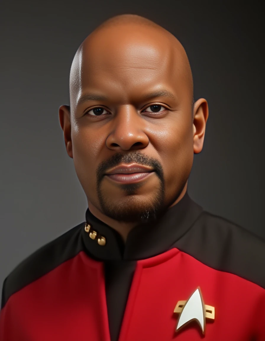 play-doh style <lora:sisko-flux:1.3>captain benjamin sisko a man in a red shirt and black tie looking at the camera with a serious look on his face star trek deep space nine, play dooh . sculpture, clay art, centered composition, Claymation