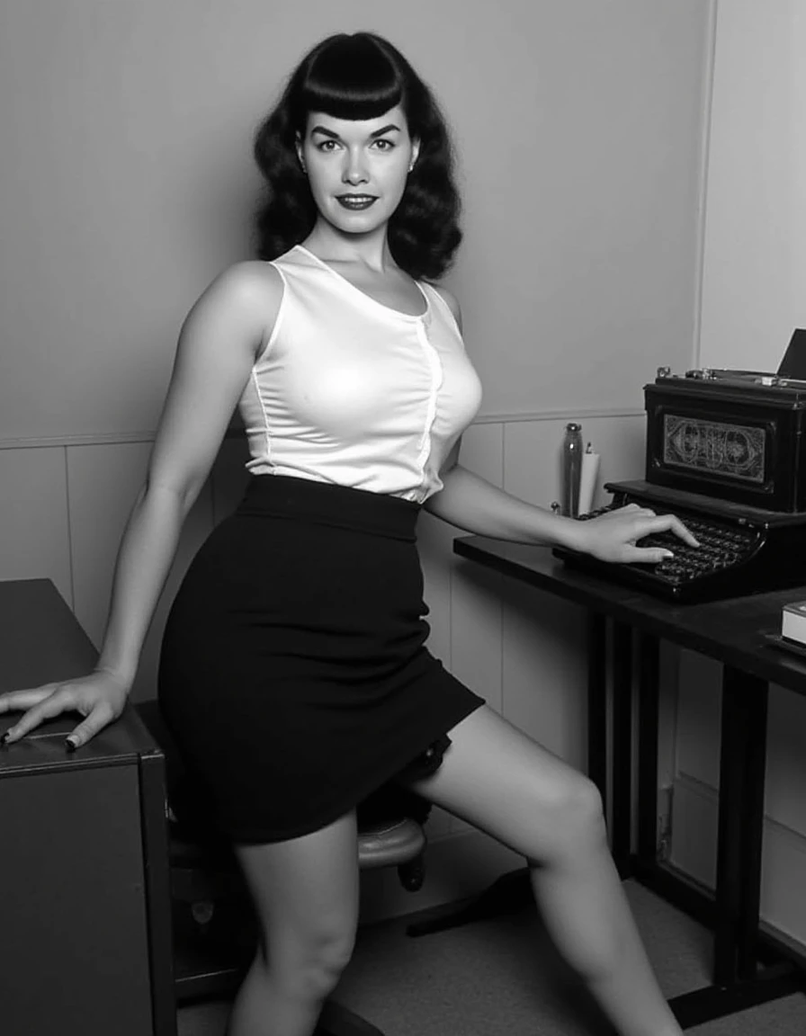 Bettie Page in a professional look, donning a fitted pencil skirt, crisp white blouse, and heels, hair styled in loose waves, working at a vintage typewriter, 1950s office setting, inspired by retro career women, smart and stylish.