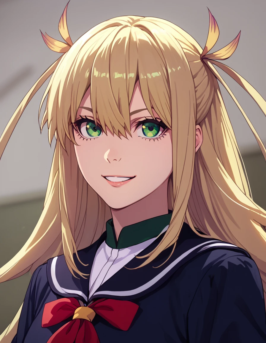 <lora:GoGoLoserRanger:1>score_9, score_8_up, score_7_up, score_6_up, score_5_up, score_4_up, source_anime,  , smile, dynamic pose,   Kanon, long hair, blonde hair, hair between eyes, school uniform, green eyes,