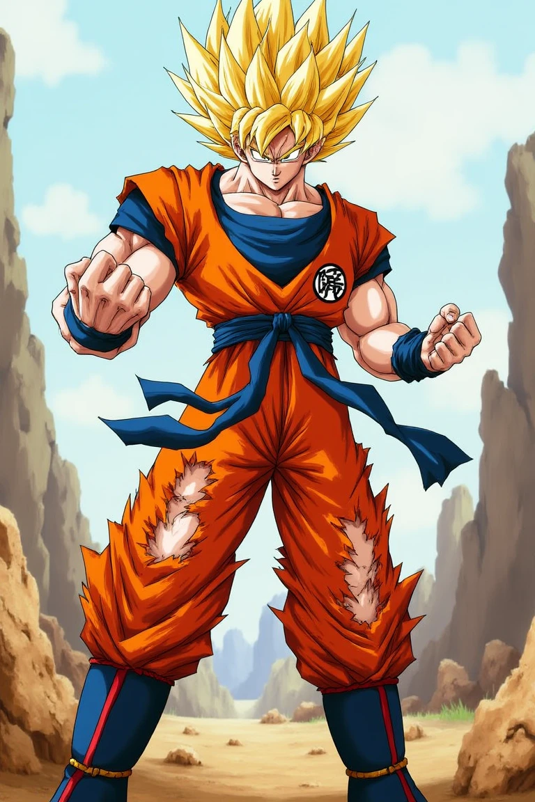 SSJ1 Goku stands tall in a heroic pose, his blonde hair spiked and blown back by an invisible wind. His rugged features and piercing eyes radiate intensity as he wears torn, battle-worn clothing that accentuates his powerful physique. The iconic orange gi pants are ripped and tattered, framing his muscular male form. In the background, a blurred cityscape or destroyed landscape reflects the chaos of the fight, while Goku's focused gaze and outstretched arms evoke a sense of strength and determination.