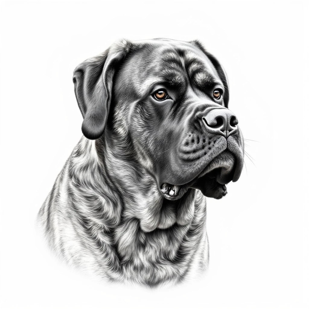 Brindle English Mastiff. Monochromatic rough pencil sketch. Detailed shading. Nostalgic