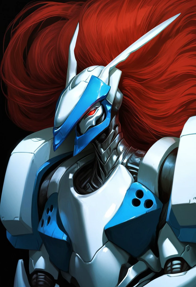 score_9, score_8_up, score_7_up, 1girl, solo,  Expressiveh, (JusticeGG, red hair, long hair, white body, robot, mecha, red sclera, no pupils), close-up, black background, simple background, 4k, masterpiece, best quality, highly detailed, realistic