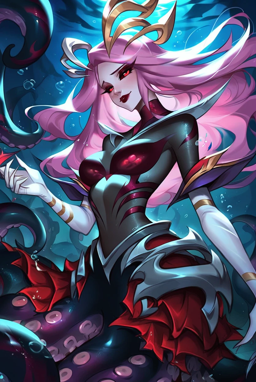 score_9, score_8_up, score_7_up, c0venn4mi, coven nami, 1girl, monster girl, red eyes, colored sclera, black sclera, (tentacles:1.2), bodysuit, long hair, pink hair, red lips, makeup, gloves, elbow gloves, 
<lora:Manwha_Anime_Style:0.65>, underwater, bubble, water, solo, ((night)), full body, ((octopus girl, scylla)), <lora:Nami_Coven_v2:0.95>, sad, manhwastyle, backlight