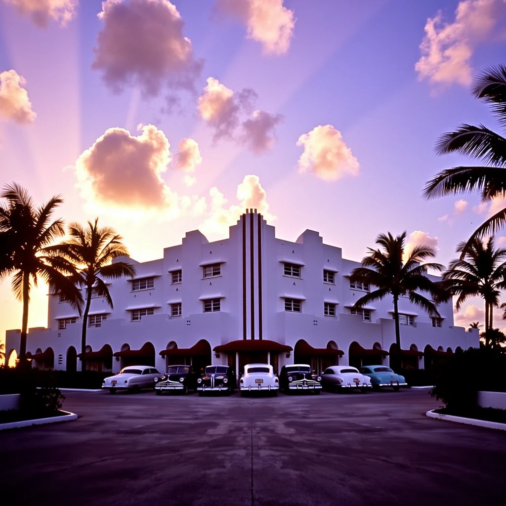 KDCRM vintage analog film photo, film grain, symmetrical view of an art deco hotel in miami, the hotel is white and has palm trees on either side, vintage cars are parked out front and the sky has a beautiful cloudy sunset