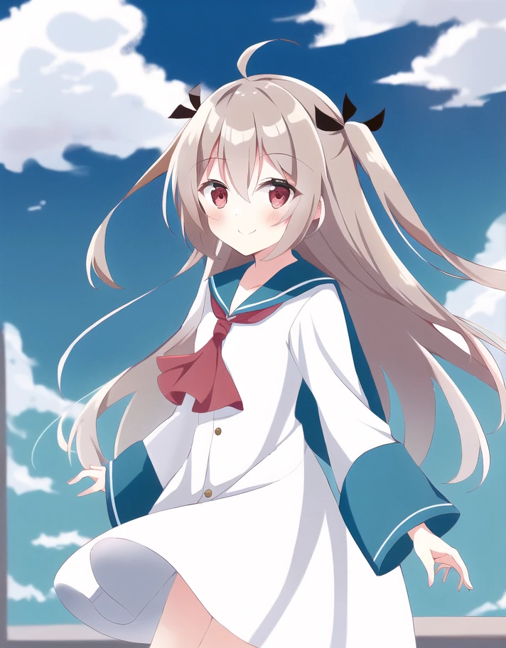 <lora:atriTest3:0.74>,1girl,solo,blush,bangs,twintails,ahoge,shoes,atri,long hair,red eyes,white sailor dress,blue sailor collar,brown hair,black hair ribbon,red ascot,wide sleeves,hair between eyes,looking at viewer,two side up,smile,outdoors,sky,day,cloud,