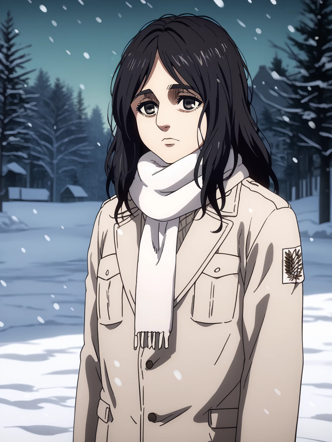 score_9, score_8_up, score_7_up, anime screencap, BREAK
1girl, pieck standing outdoors in the snow during the winter, black hair, long hair, black eyes,
winter clothes, white scarf, coat, expressionless, looking at viewer, outdoors, snow, snowing, solo, tree, winter <lora:Pieck_byKonan:1>