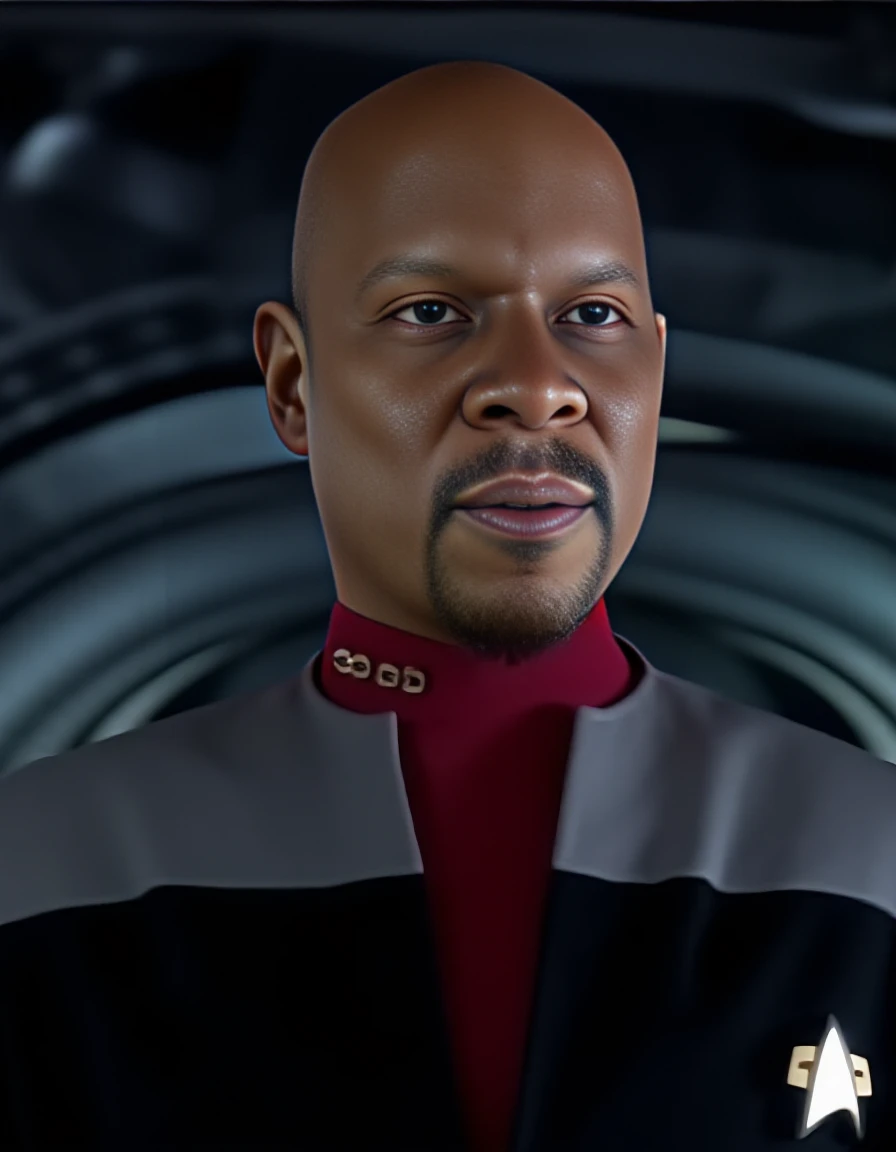 still cinematic photo breathtaking <lora:sisko-flux:1.7> captain, benjamin, sisko, star, trek, man, red, uniform, deep, space, nine,  man 4K resolution,black DS9 uniform with gray shoulders and red collar, confident gaze, futuristic background, space-themed imagery