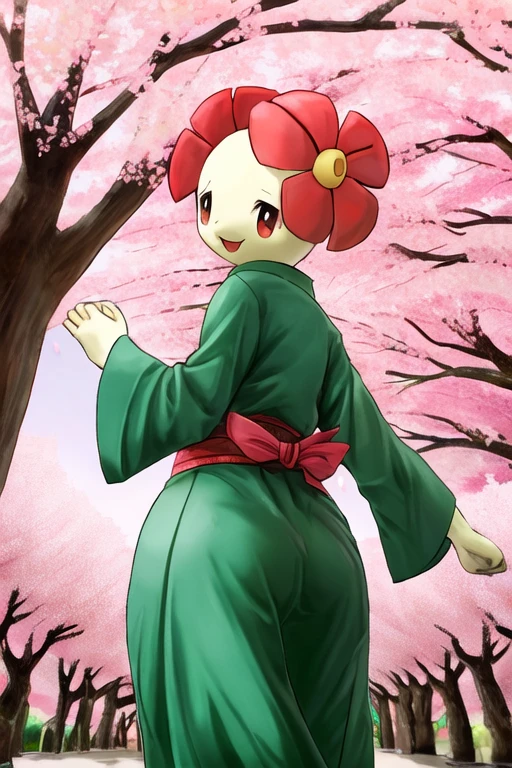 a smiling bellossom female wearing a green kimono, cherry blossoms, looking back at viewer
in a cherry blossom orchard in Japan
by pokémon, by pokemon
<lora:bellossom:0.5>