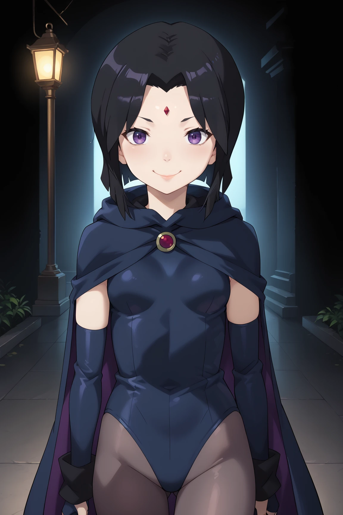 score_9, score_8_up, score_7_up, prefect lighting, source_anime, very aesthetic, BREAK,
<lora:rachel_roth_raven_v1-pdv6:0.9>, 1girl, rachel roth, purple eyes, black hair, short hair, forehead jewel,raven_\(dc\),
elbow gloves, fingerless gloves, pantyhose, leotard, cape, boots, 
BREAK, looking at viewer, smile, 
BREAK,