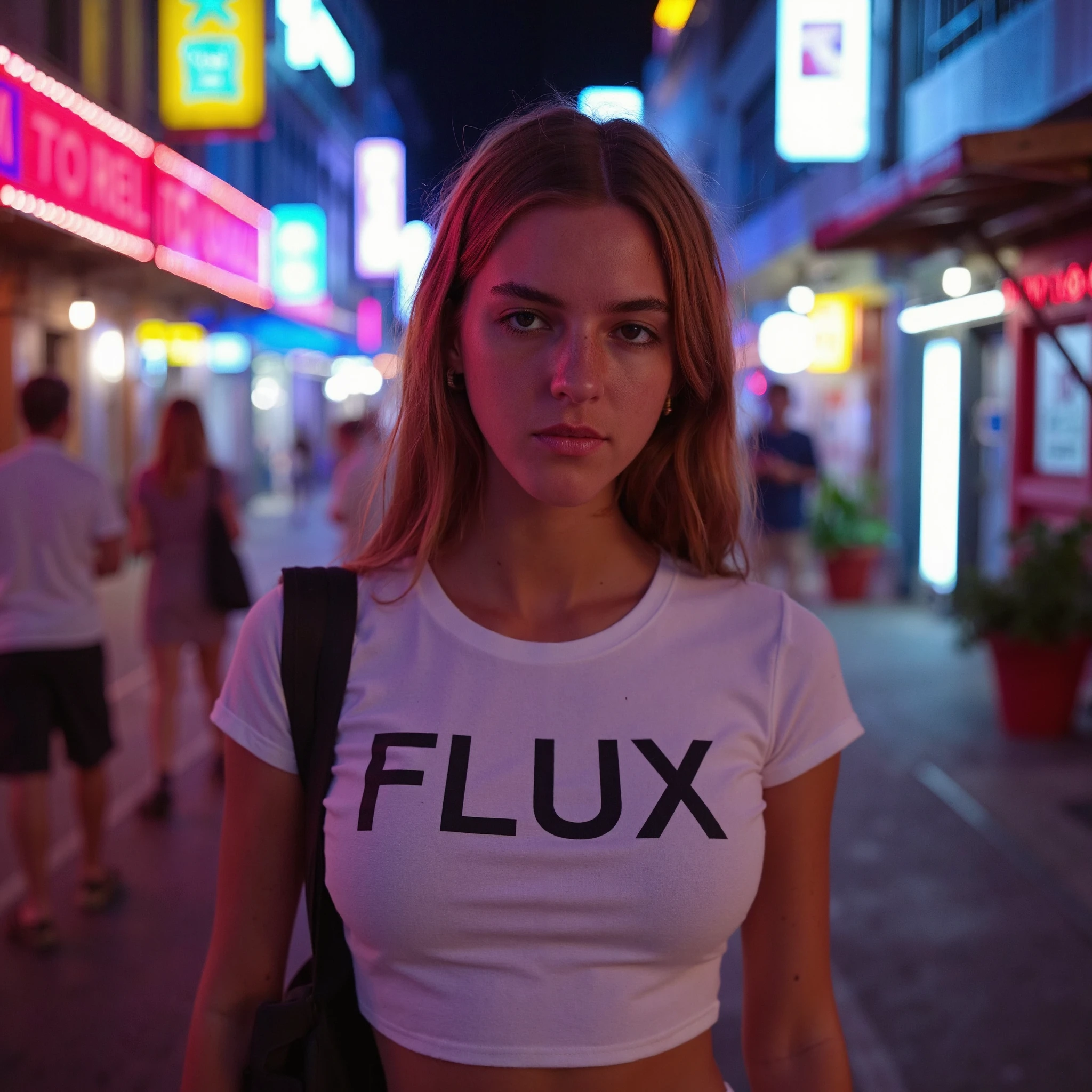 Create a detailed, close-up portrait of emfeld standing on a city street at night. The background should be filled with vibrant neon lights and signs, casting a colorful glow on the surroundings. emfeld is wearing a fitted white short-sleeved t-shirt with the word 'Flux' written across the chest in bold, black letters. The focus of the image should be on her face and upper torso, with the bright neon lights and signs of the city reflected in her eyes and the subtle shine of the fabric of her shirt. The overall atmosphere should be gritty and urban, with a sense of excitement and anticipation in the air<lora:flux_realism_lora><lora:EmilyFeldFlux_V1>