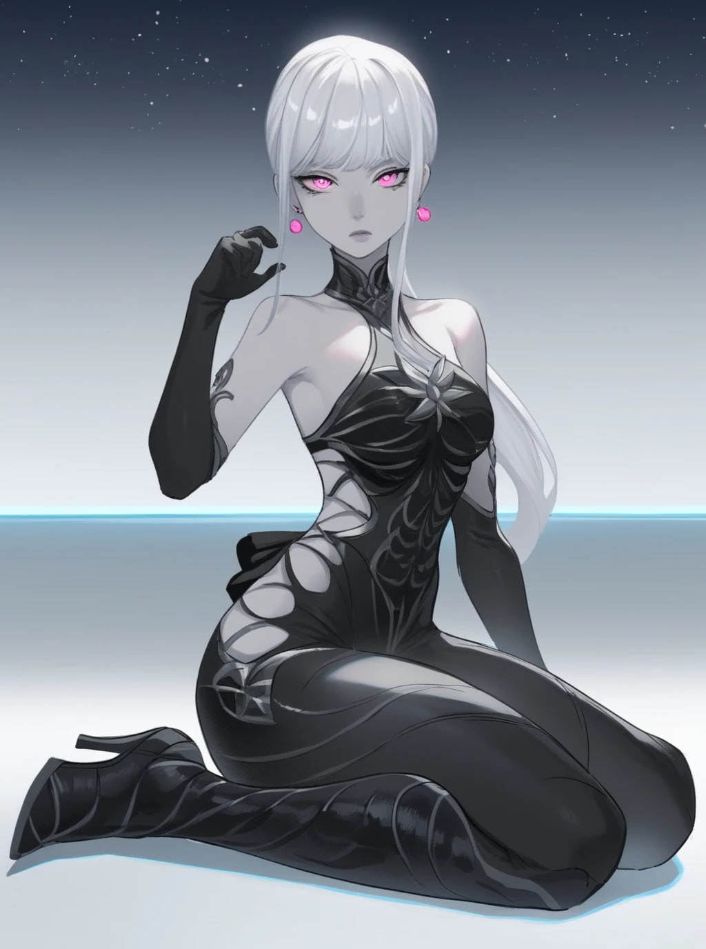 score_9   <lora:omega_f:1>
omega_f, 1girl, colored skin, gray skin, pale skin, white hair, long hair, ponytail, sidelocks, pink eyes, black bodysuit, silver trim, bare shoulders, elbow gloves, hip vents, black ribbon on waist, ribbon on back, heelboots, earrings
space, looking at viewer, sitting, full-body view, arm on ground, sitting sideways, sitting on ground