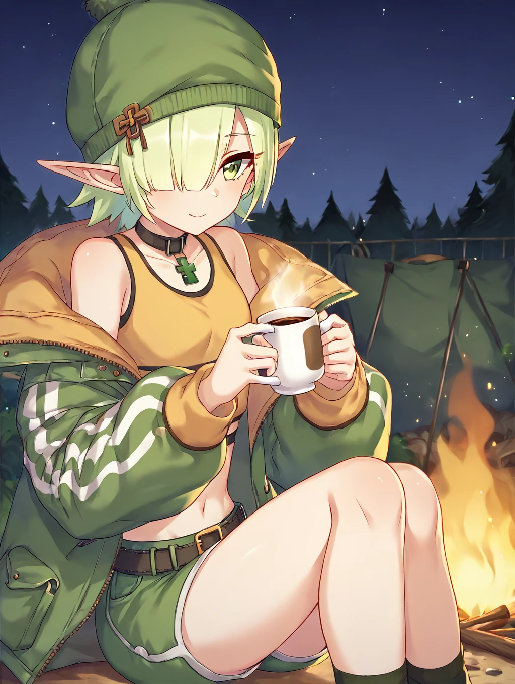 score_9, score_8_up, score_7_up, score_9_up, masterpiece, high quality, highly detailed, source_anime,
1girl, solo, 
camping, bonfire,
cowboy shot,
 <lora:Aoi_Pony:0.95>aoibase, elf, covered one eye,
aoicamp, green beanie, green jacket, puffy sleeves, yellow sports bra, bare shoulders, midriff, green shorts, belt,
night, sitting, knees up, holding cup, coffee,