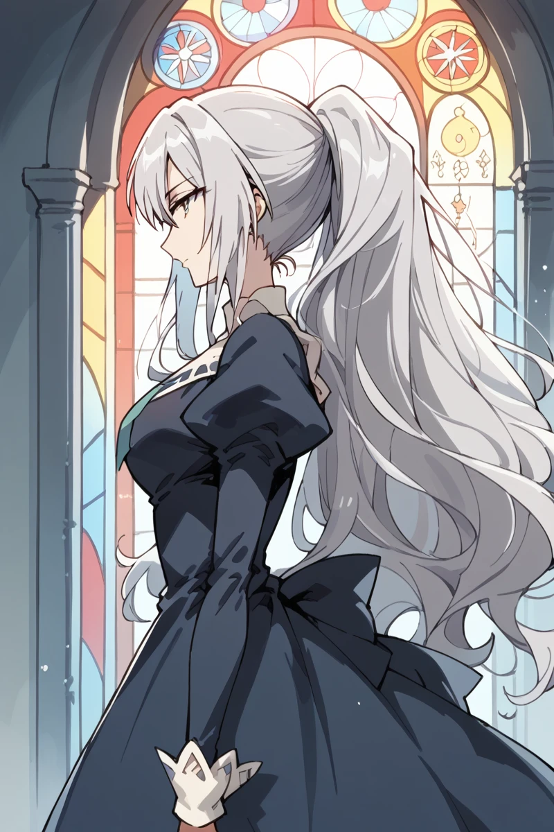 score_9, score_8_up, score_7_up, score_6_up,
 <lora:Shizuma_Hanazono:1> shizuma, 1girl, stained glass, solo, long hair, ponytail, grey hair, profile, long sleeves, puffy sleeves, juliet sleeves, dress, from side, miator