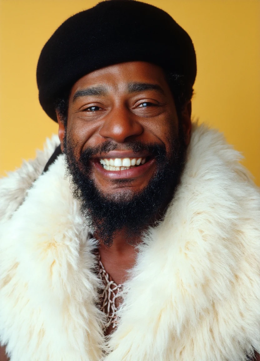 This image is a color photograph featuring a close-up portrait of a George Clinton smiling. He has a dark complexion, a full beard and short black hair. The man is wearing a black beret on his head. The man is wearing a white, furry, and plush-looking coat draped over his shoulders, giving a luxurious and warm texture to his attire. His expression is warm and joyful, with a broad smile revealing his teeth. The background of the image is a soft, gradient yellow to white, which keeps the focus entirely on the subject. The lighting is even and natural, highlighting the man's features and the textures of his clothing. The photograph has a vintage feel, possibly taken during the 1970s or 1980s, as suggested by the fashion choices and the overall aesthetic. The image captures a moment of genuine happiness and style, emphasizing the man's personality and cultural expression through his clothing and accessories.