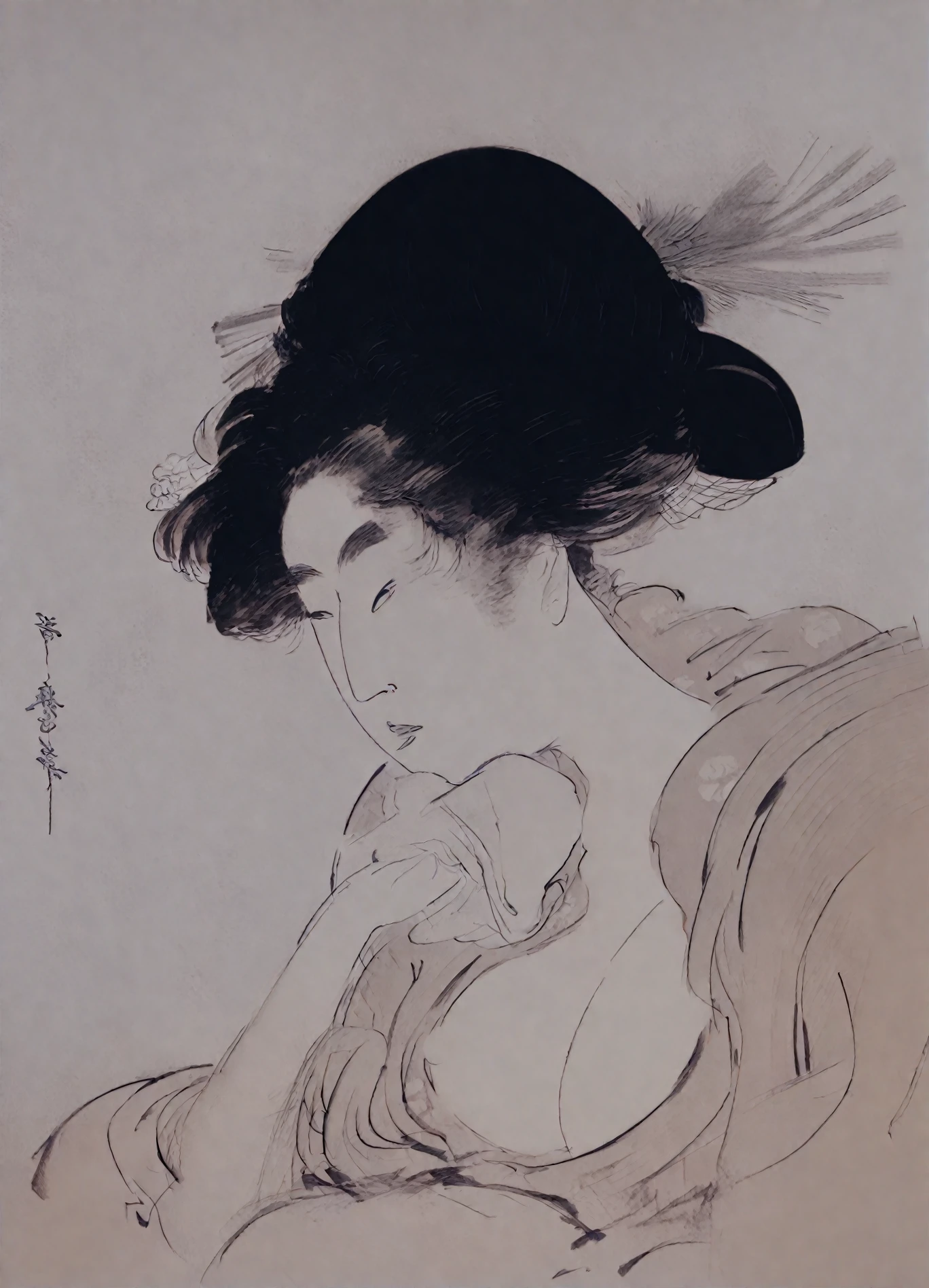 <lora:kitagawa-utamaro_pony_v2:1> 'Courtesan' by Utamaro Kitagawa in ,genre painting \(genre\),Ukiyo-e \(style\),female-nude, Sketch, Nose, Neck, Forehead, Eye, Black hair, breasts, score_9, score_6_up, score_7_up