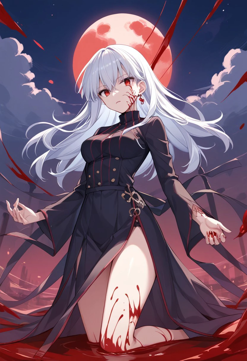 Red eyes, white hair, pale, bloody skin, torn and worn clothes, loli-chan.