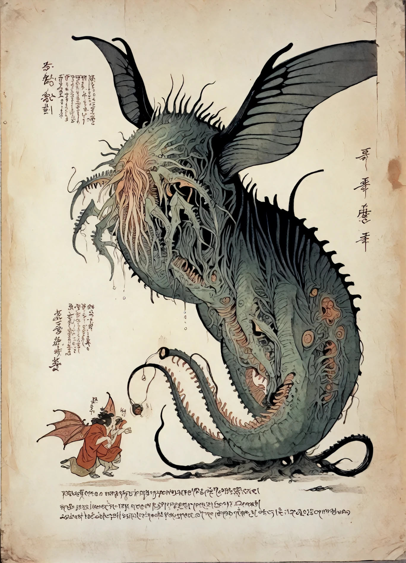 <lora:kitagawa-utamaro_pony_v2:1.0> ' monster' by Utamaro Kitagawa in portrait \(genre\),Ukiyo-e \(style\),  <lora:necronomicon:1> necronomicon, traditional media, , text focus, wings, teeth, eldritch abomination, score_9, score_6_up, score_7_up