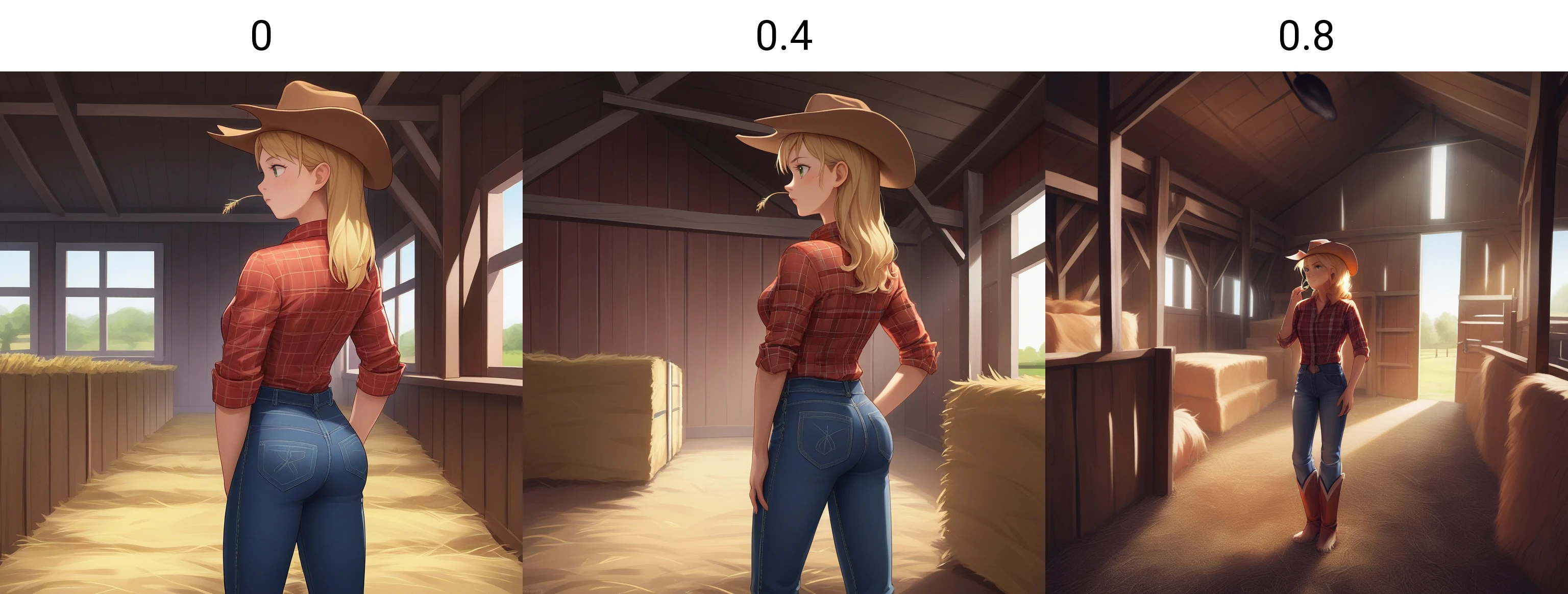 score_9, score_8_up, score_7_up, score_6_up, score_5_up, score_4_up, zPDXL2,source_anime,rating_questionable,1girl, farm girl, denim, plaid shirt, cowboy hat<lora:Barn:0> b4rn, barn, interior, indoors, straw