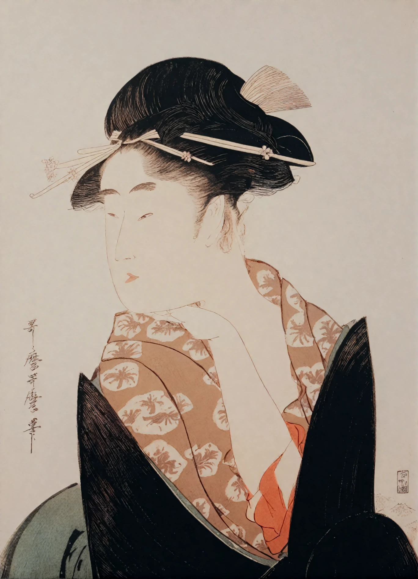 <lora:kitagawa-utamaro_pony_v2:1> ' beauty' by Utamaro Kitagawa in 1788,portrait \(genre\),Ukiyo-e \(style\), a portrait of a beautiful woman,, score_9, score_6_up, score_7_up