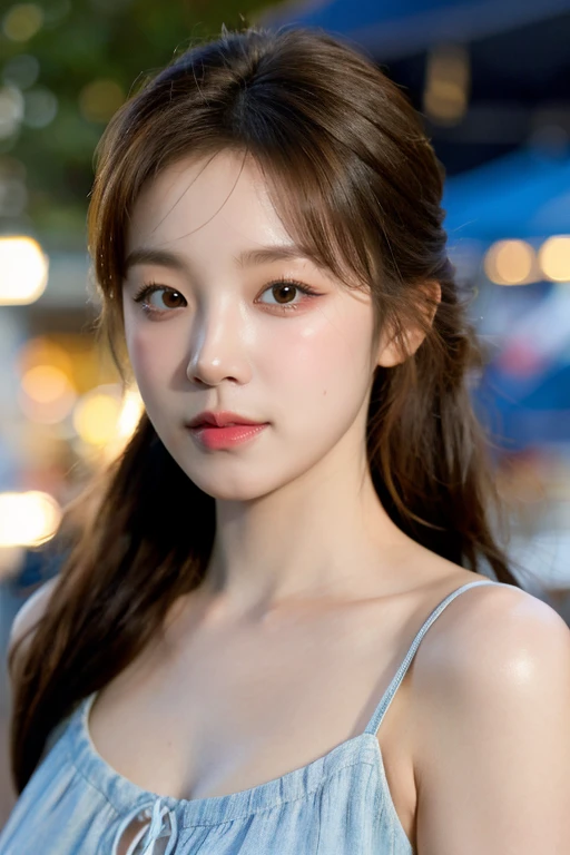 masterpiece, best quality, ultra-detailed, ultra high res, (photorealistic:1.4), raw photo, (realistic:0.2), 8k HDR, realistic lighting, looking at viewer, 1girl, solo, asymmetrical brown hair, outdoor, sky, (traditional market:1.2), bokeh, (detailed lips), (day), (detailed pores), (detailed skin textures), (detailed face:1.2), (body:1.2), a woman portrait in a sundress, cowboy shot,