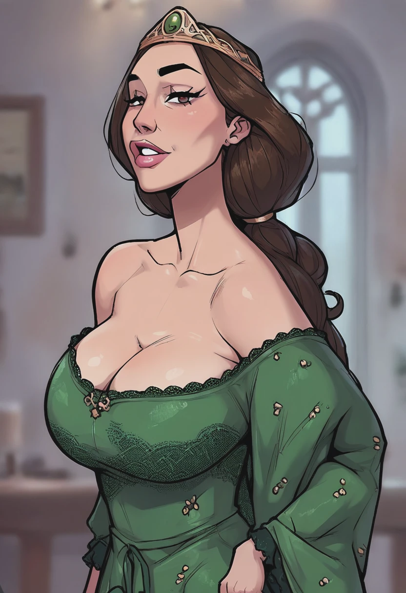 source_anime, score_9, score_8_up, score_7_up, score_6_up, score_5_up, score_4_up, 1girl, mature_female, milf, queen_elinor,  green_dress, portrait, looking_at_viewer, perfect_eyes