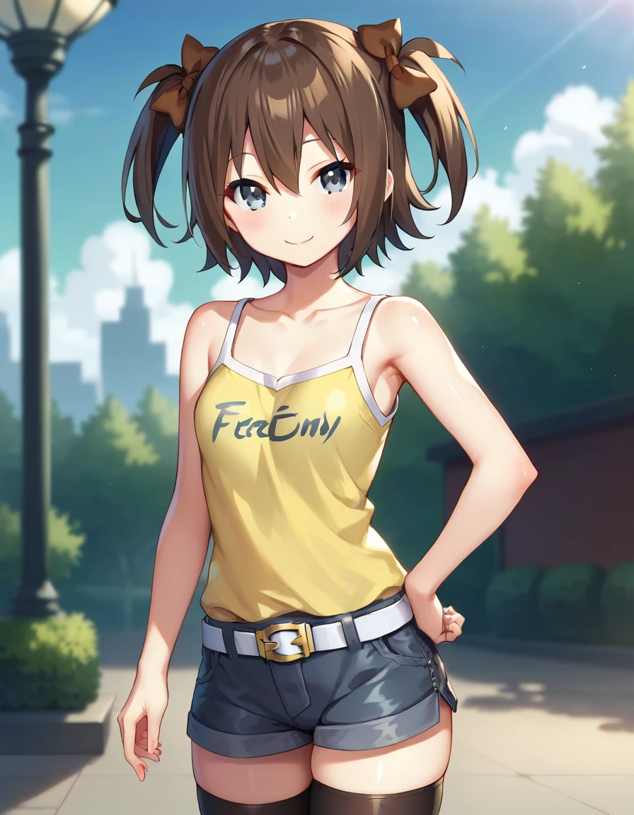 score_9,score_8_up,score_7_up,score_6_up BREAK official art,solo,outdoors,cowboy shot,looking at viewer,facing viewer,smile,Sky,brown hair,short hair,two side up,hair bow,brown bow,hair between eyes,grey eyes,collarbone,bare shoulders,tank top,yellow camisole,clothes writing,small breasts,white belt,grey shorts,short shorts,denim shorts,shorts rolled up,thighs,zettai ryouiki,black thighhighs,loafers,<lora:Sky(Sky-Freedom)-Pony:1.4>,<lora:Smooth Anime Style LoRA XL:0.8>,