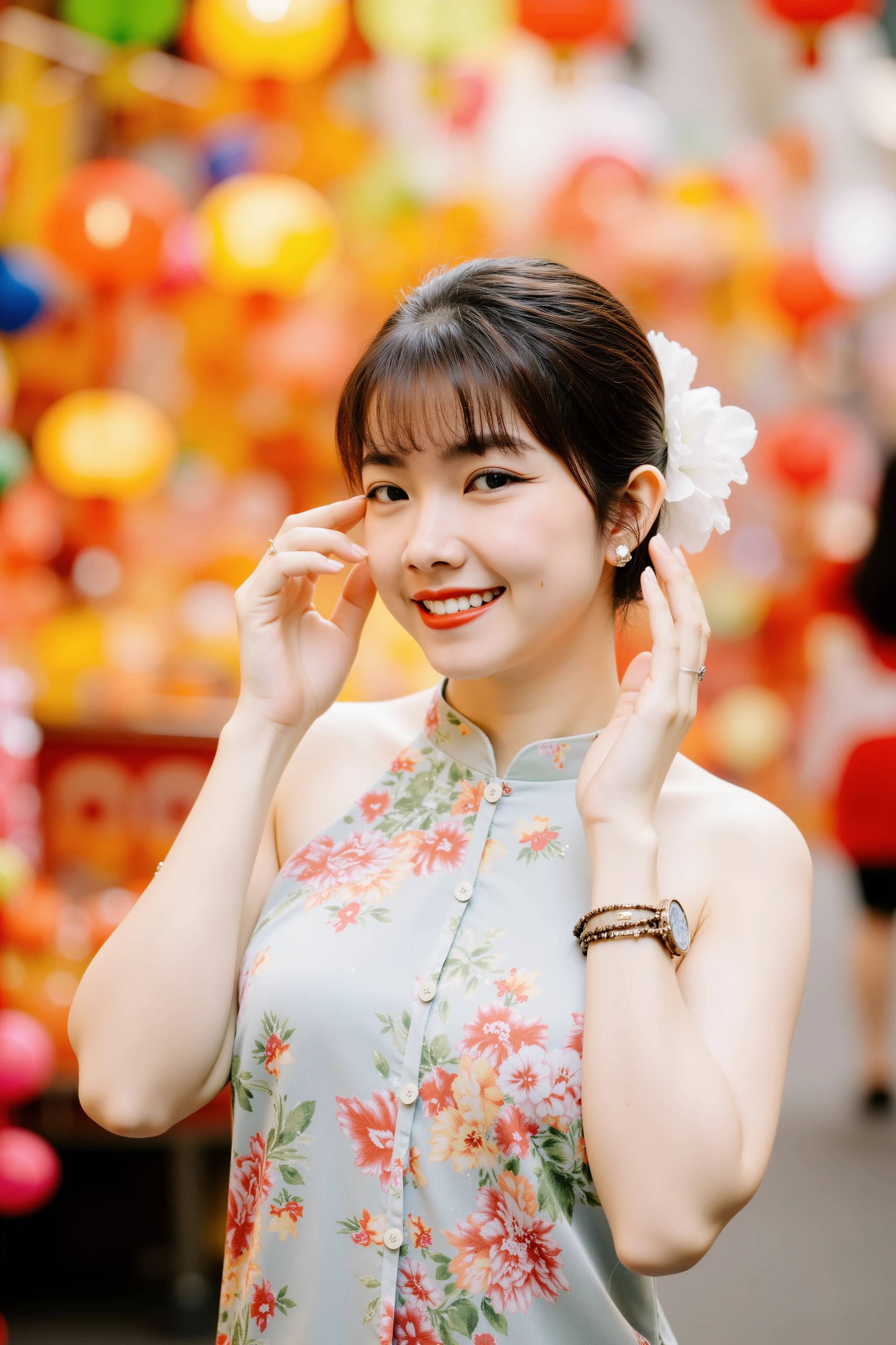 HanoiGirl, MidAutumn, A young woman dressed in a floral-patterned traditional Vietnamese dress, known as an Ao Dai, stands gracefully amidst a vibrant street market filled with colorful lanterns and festive decorations. smile with mouth closed. She holds a delicate hand fan with a floral design, gently touching her ear with the other hand. Her serene expression and the soft white flower in her hair add to the elegant and peaceful atmosphere. The scene is lively, with an array of bright colors and festive items surrounding her, capturing the essence of a traditional celebration.